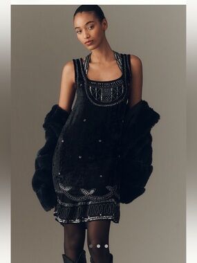 NWT Anthropologie Black Beaded Velvet Mini Dress-SP